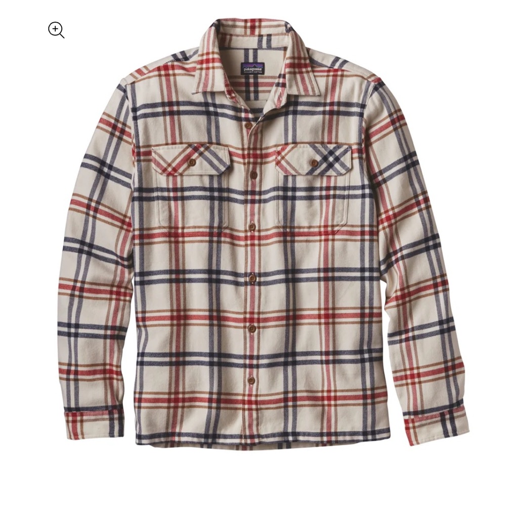 Patagonia Long-Sleeved Fjord Flannel Shirt cream with blue and red plaid sz M